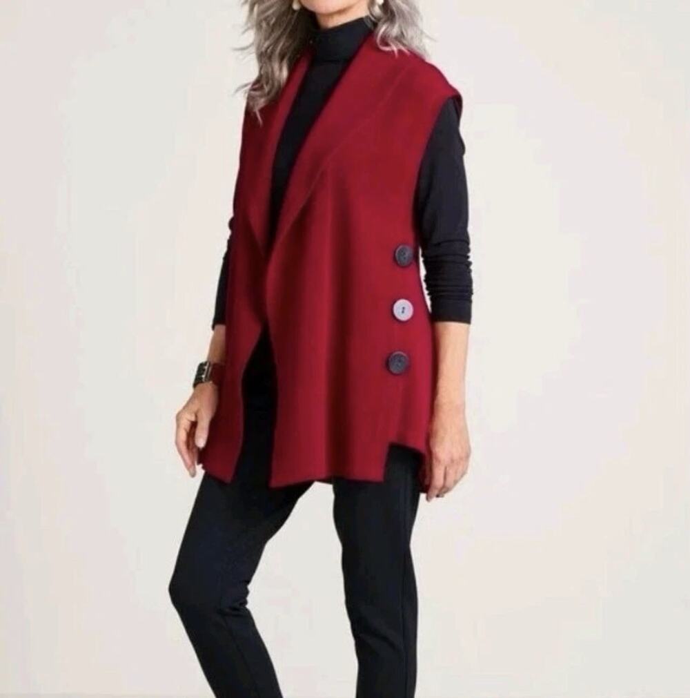 SOFT SURROUNDINGS Mesa Vest Size L Red Open Front Artsy Buttons Lagenlook NWT
